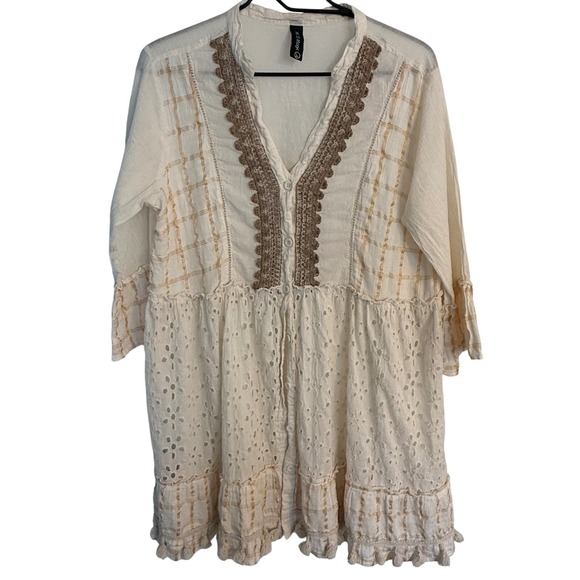 Me 2 Magic Tops - Me 2 Magic Womens Cream Eyelet Lace Boho Tunic Top Gold Grid Bell Sleeve Large